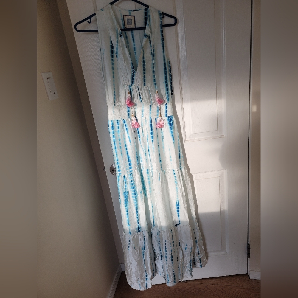 Blue and White Tie-Dye Maxi Dress with Pink Tassels